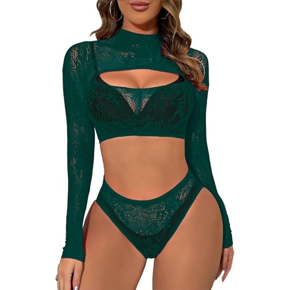 Women's Green Lingerie Imported Front Open Bodysuit Sexy Nightwear Pajamas Set